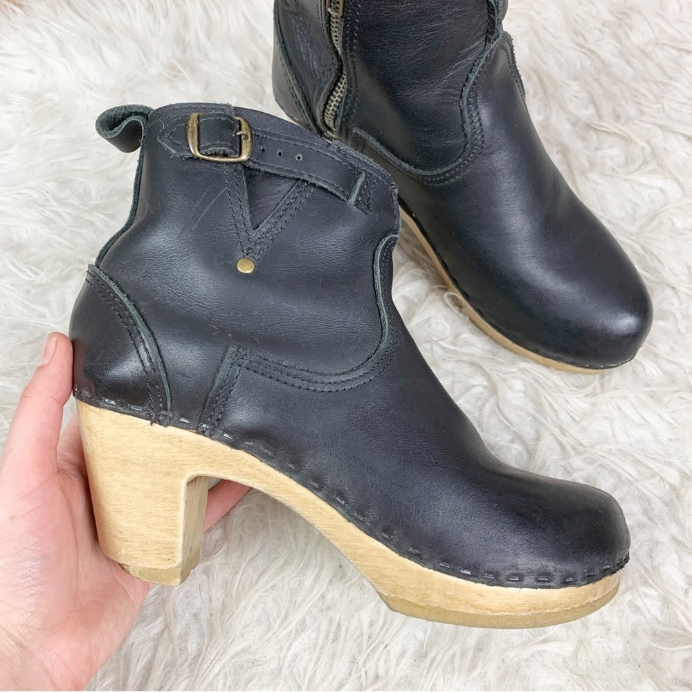 No. 6 Black Leather Ankle Boots with Tan Wooden Heel